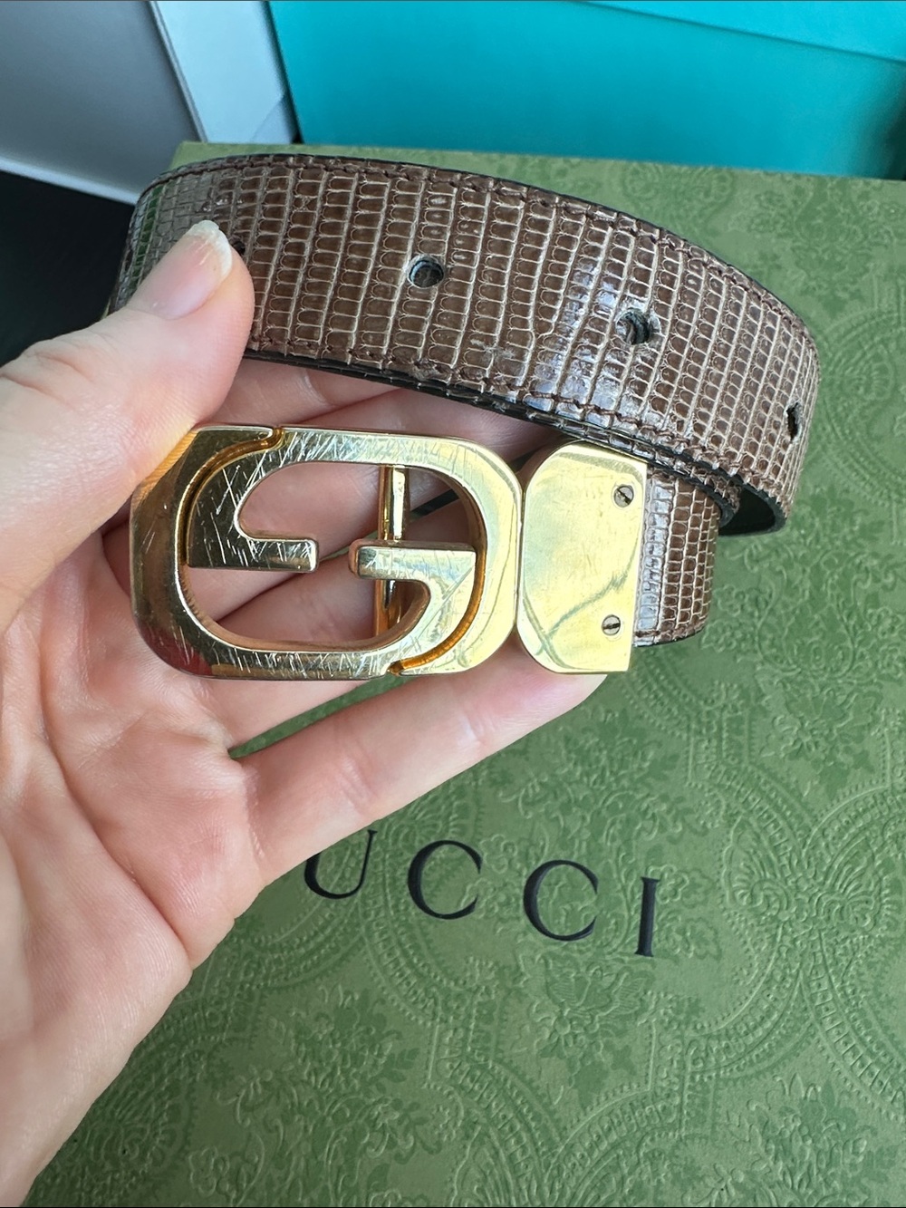 Vintage 1970s Gucci Brown Snakeskin Leather Belt with Gold Interlocking G Buckle